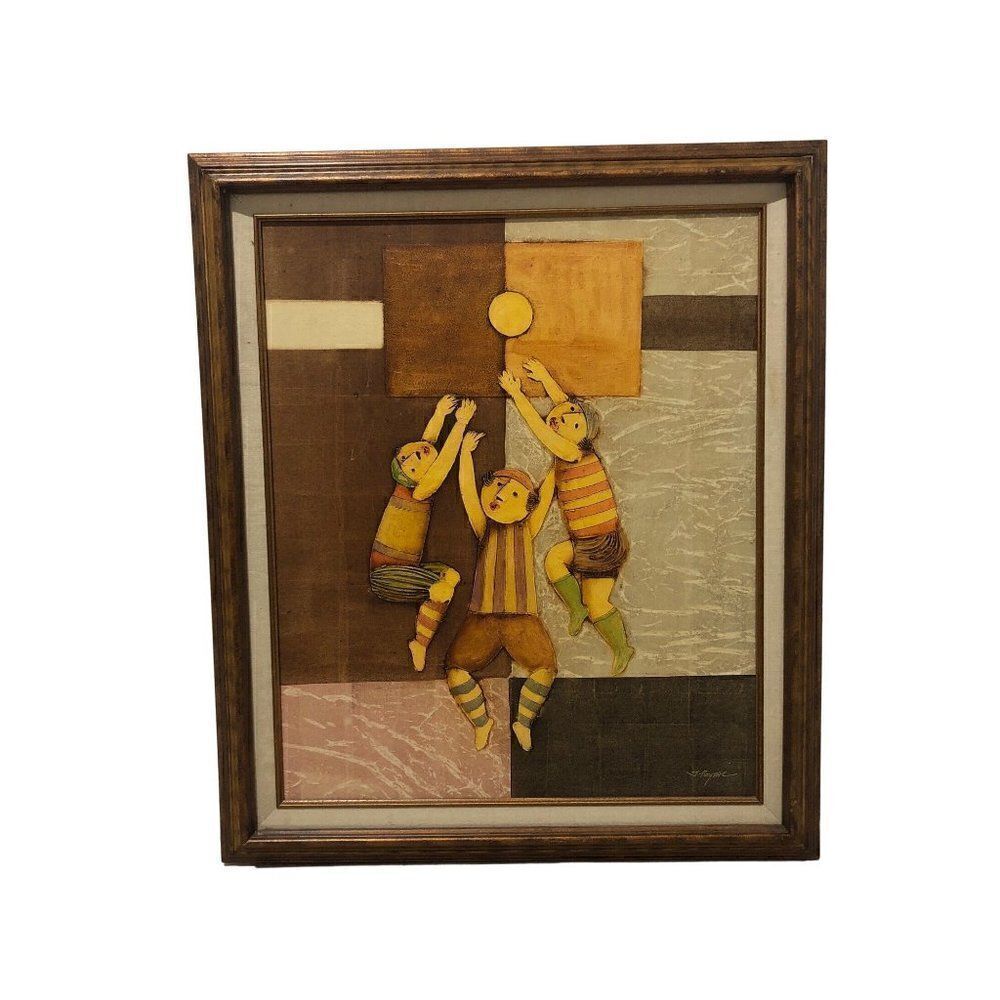 Vintage Oil Painting Playing Basketball Signed J. Roybal